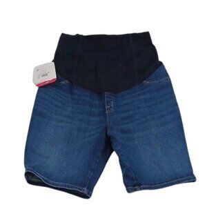 Isabel Maternity Shorts Womens Blue Denim Crossover Panel Bermuda 9" Inseam